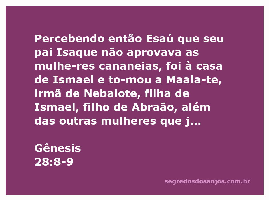 Esaú buscando uma esposa adequada segundo a tradição de sua família, visitando a casa de Ismael.