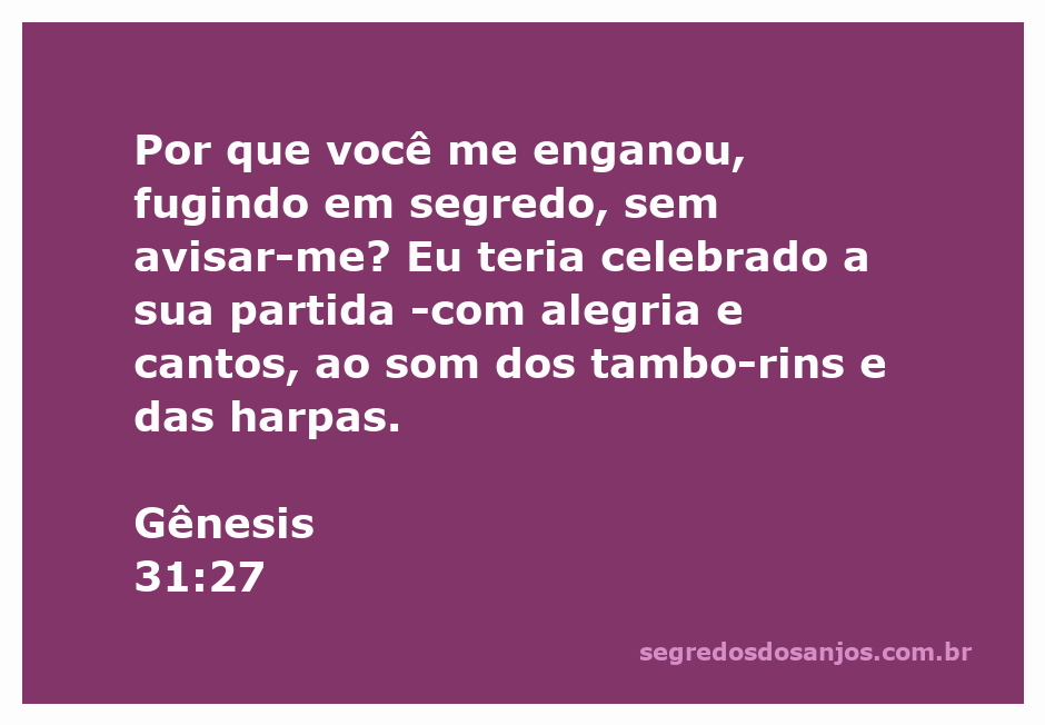 Ilustração de Gênesis 31:27 mostrando uma cena de despedida festiva com tambores e harpas.