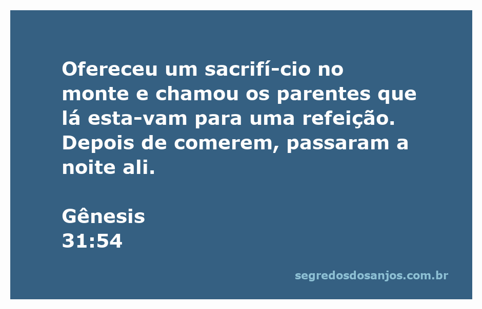 Sacrifício no monte com parentes reunidos para refeição, inspirado em Gênesis 31:54.