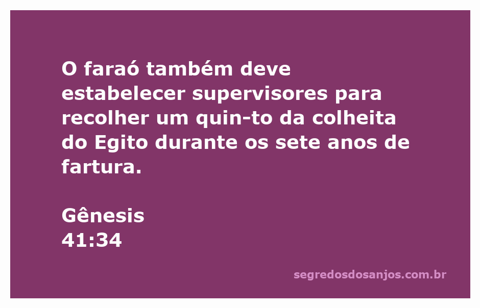 O faraó do Egito designa supervisores para a coleta de colheitas durante anos de abundância conforme Gênesis 41:34.