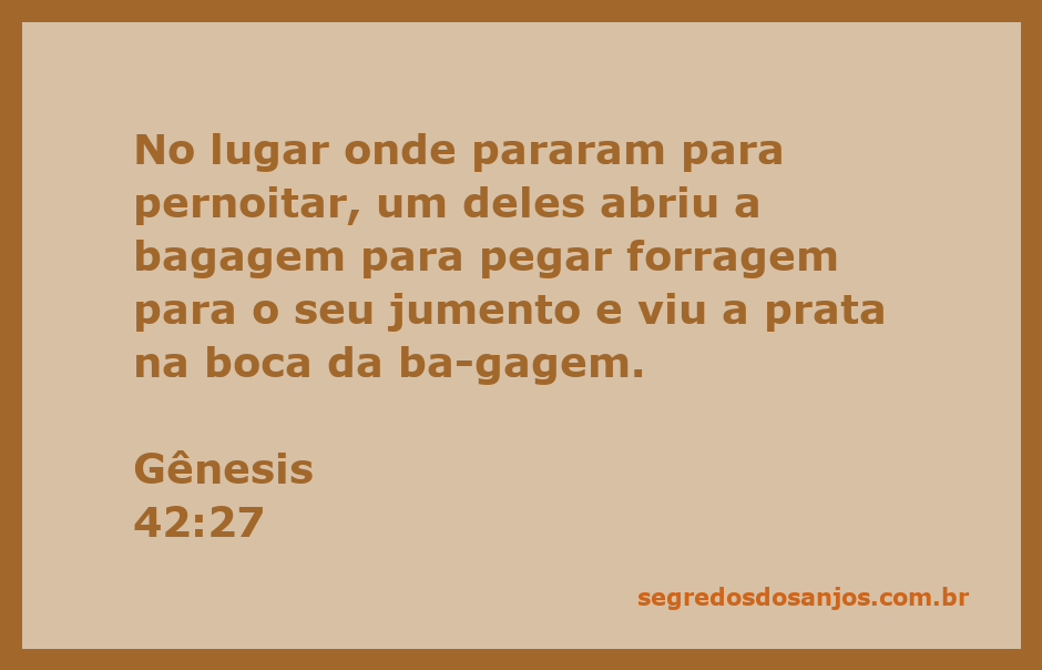 Um dos filhos de Jacó abrindo a bagagem com surpresa ao encontrar prata na boca da bagagem durante a viagem ao Egito.