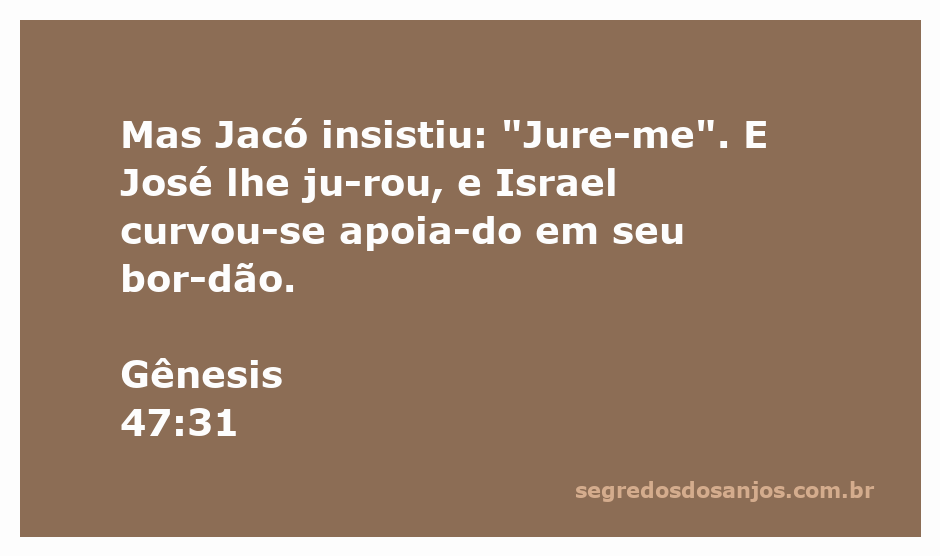 Jacó jurando a José antes de se curvar em adoração, com um bordão em mãos.
