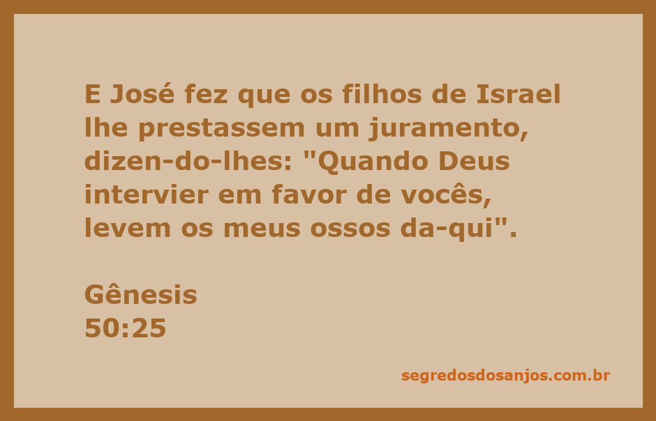 José pede aos filhos de Israel que levem seus ossos quando Deus intervier em favor deles.