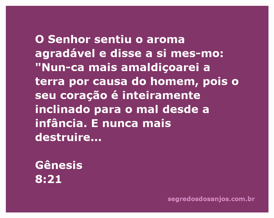 Imagem representando o arco-íris como símbolo da aliança de Deus com a humanidade após o dilúvio, com o versículo Gênesis 8:21 em destaque.