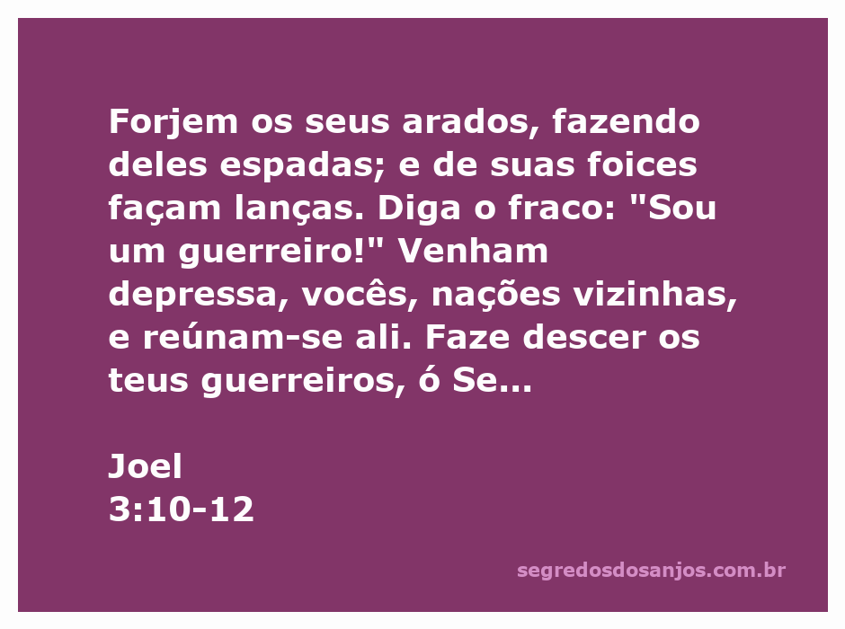 Imagem representando o versículo de Joel 3:10-12, com metáforas de transformação de ferramentas agrícolas em armas de guerra.