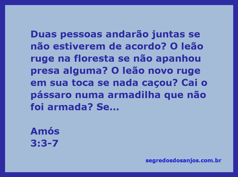 Ilustração do versículo Amós 3:3-7, com imagens de um leão rugindo, um pássaro em uma armadilha e uma trombeta tocando na cidade.