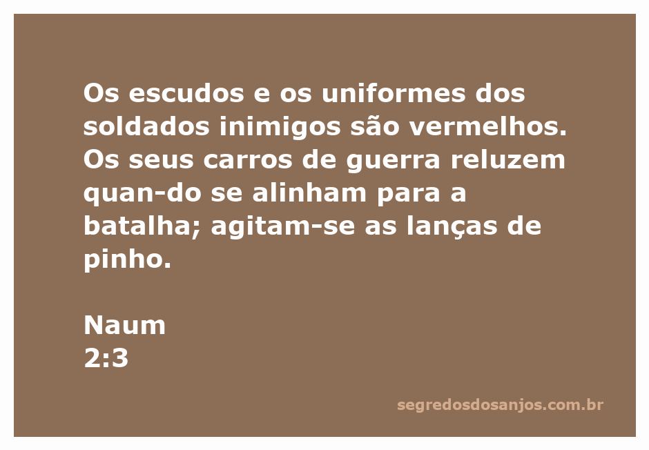 Imagem representando soldados inimigos com escudos vermelhos e carros de guerra brilhantes prontos para a batalha, inspirada em Naum 2:3.