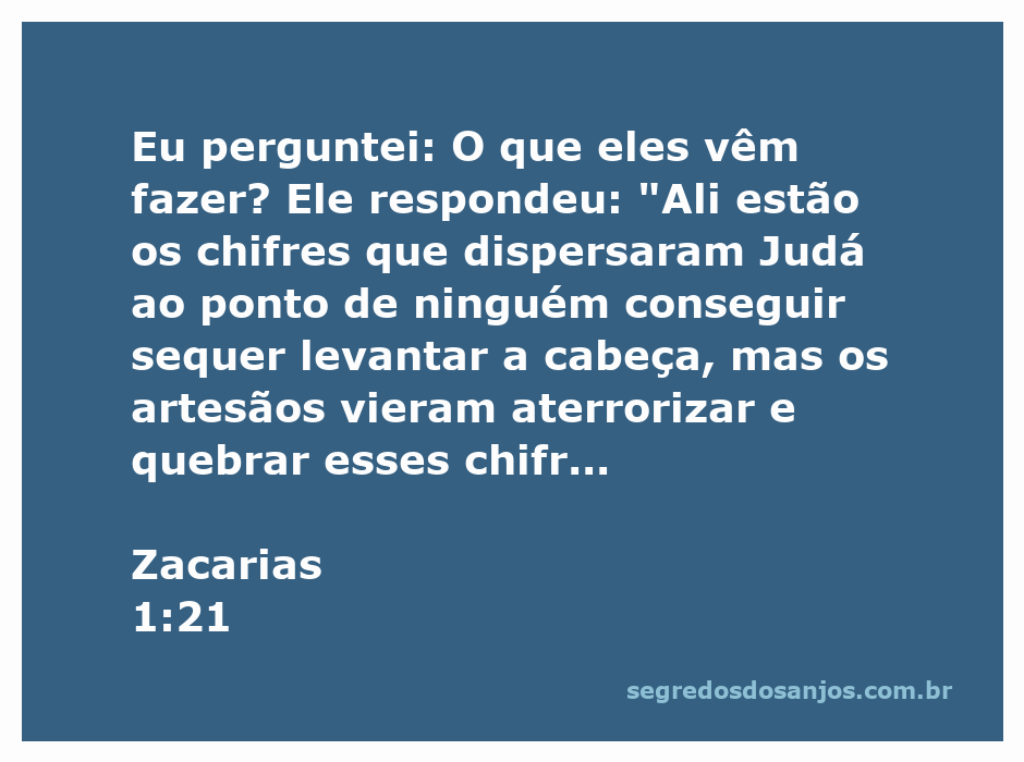 Ilustração de Zacarias 1:21, mostrando chifres simbolizando nações que dispersaram Judá e artesãos que os quebram.
