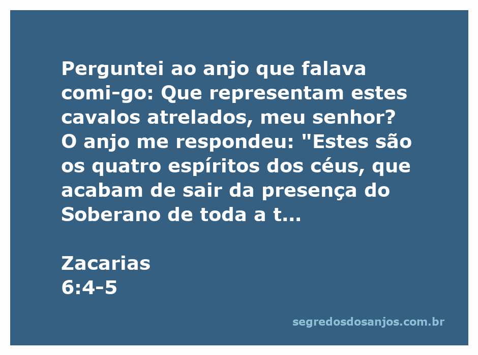 Cavalos atrelados representando os quatro espíritos dos céus, conforme Zacarias 6:4-5.
