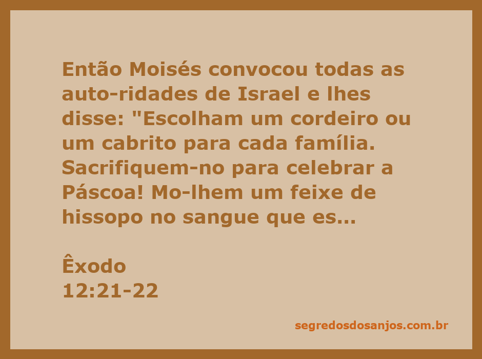 Ilustração de Moisés instruindo os líderes de Israel sobre o sacrifício do cordeiro para a Páscoa, com destaque para o uso do hissopo e o sangue nas portas.