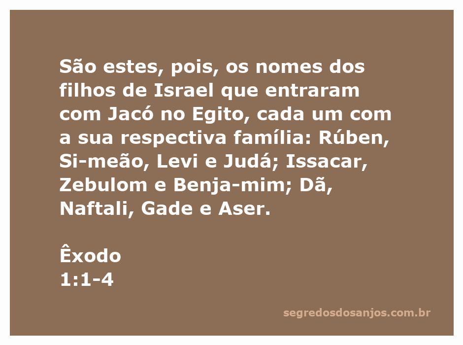Imagem representativa dos filhos de Israel que entraram no Egito com Jacó, incluindo Rúben, Simeão, Levi, Judá, Issacar, Zebulom, Benjamim, Dã, Naftali, Gade e Aser.