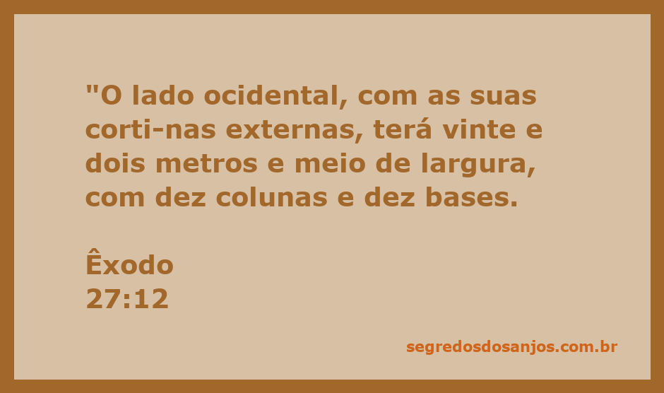 Representação do lado ocidental do Tabernáculo com cortinas externas, colunas e bases conforme Êxodo 27:12.