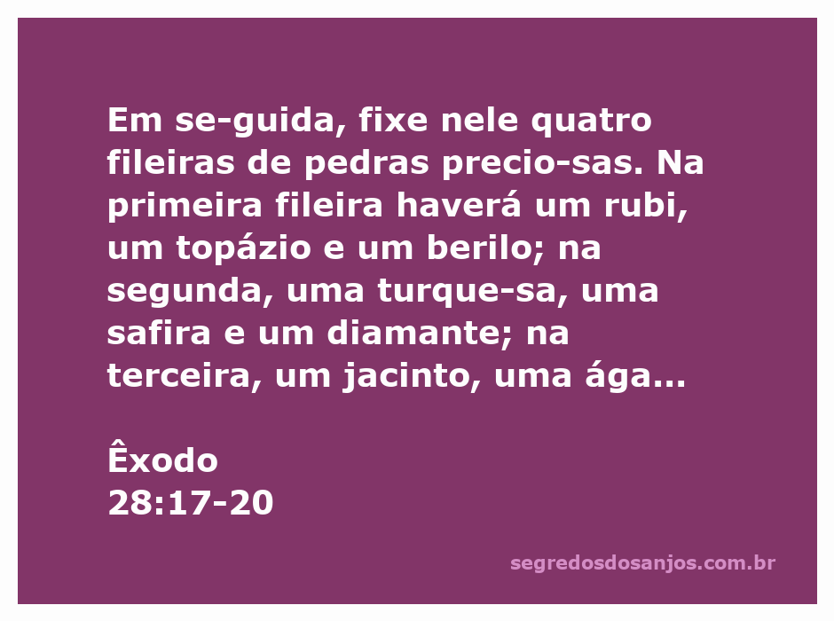 Imagem das pedras preciosas mencionadas em Êxodo 28:17-20, incluindo rubi, topázio, berilo, turquesa, safira, diamante, jacinto, ágata, ametista, crisólito, ônix e jaspe.