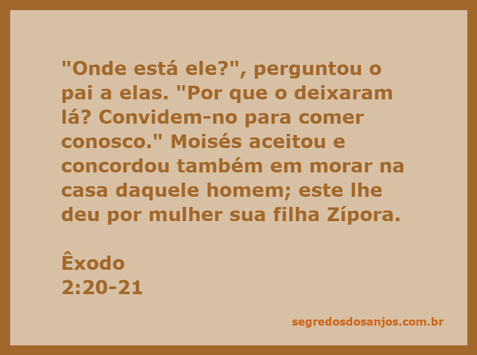 Moisés sendo convidado para morar na casa de Jetro e casando-se com Zípora.