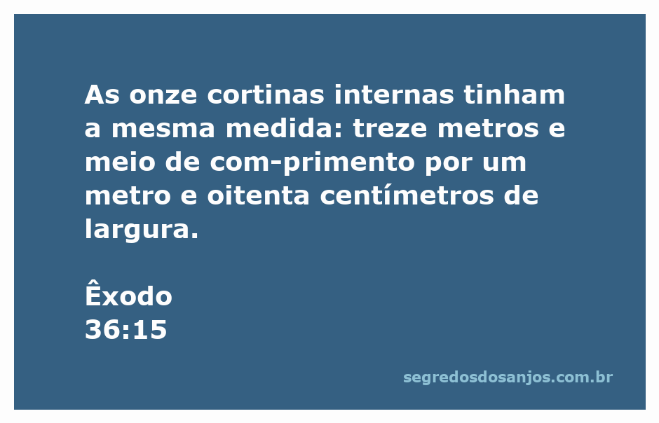 Cortinas internas do tabernáculo com medidas de 13,5 metros de comprimento e 1,8 metros de largura, representando a passagem bíblica de Êxodo 36:15.