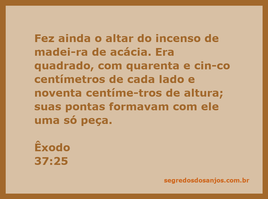 Imagem do altar do incenso descrito em Êxodo 37:25, feito de madeira de acácia, com dimensões quadradas.