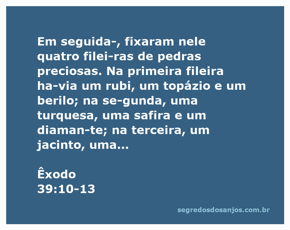 Imagem das pedras preciosas mencionadas em Êxodo 39:10-13, apresentando rubi, topázio, berilo, turquesa, safira, diamante, jacinto, ágata, ametista, crisólito, ônix e jaspe em filigranas de ouro.