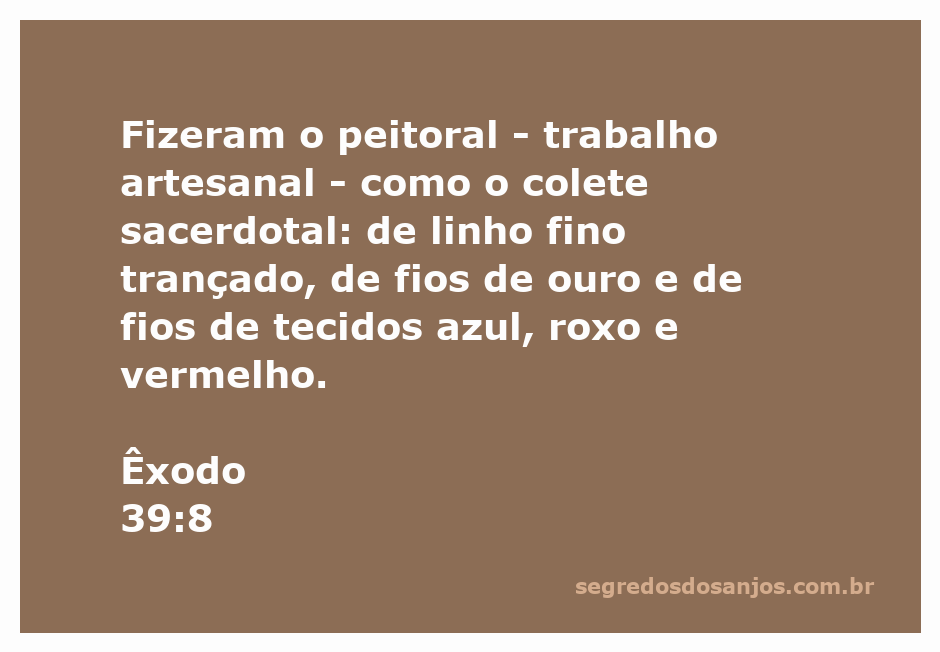 Peitoral sacerdotal feito de linho fino, fios de ouro e tecidos azul, roxo e vermelho, representando a arte do ofício sacerdotal descrito em Êxodo 39:8.