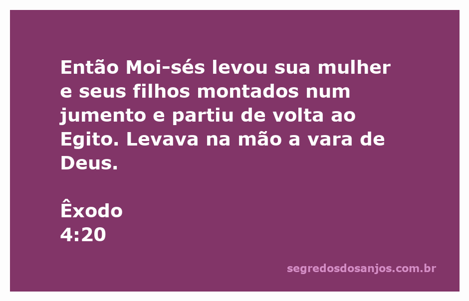 Moisés viajando de volta ao Egito com sua família, segurando a vara de Deus.