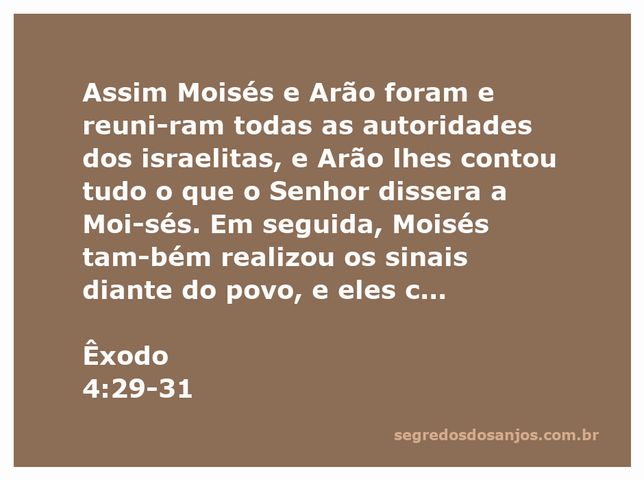 Moisés e Arão reunindo as autoridades dos israelitas e realizando sinais para o povo.