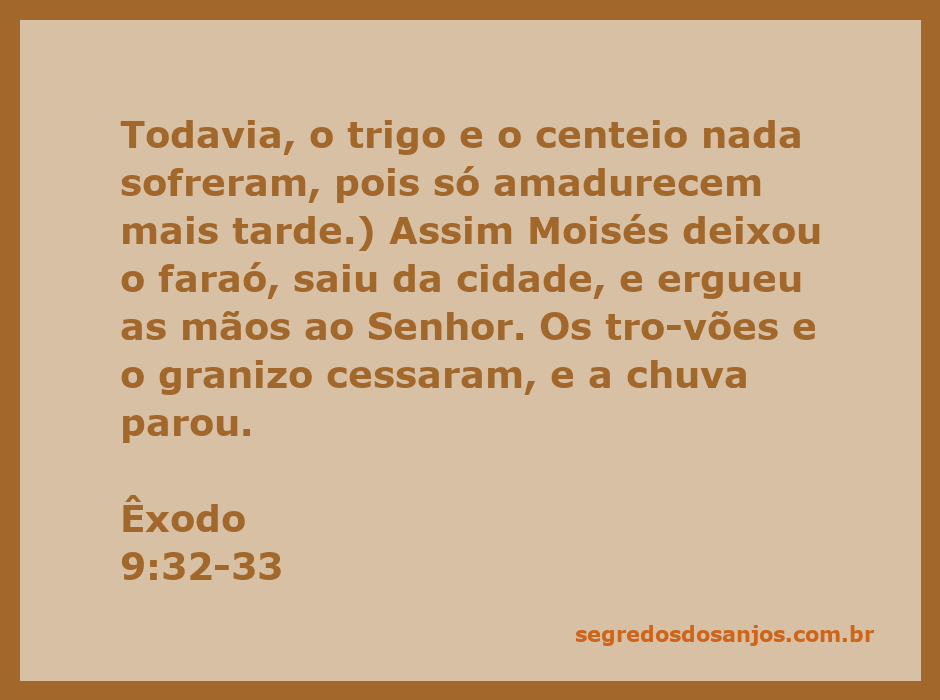 Moisés levantando as mãos ao Senhor após o granizo e trovões terem cessado, simbolizando a intervenção divina.