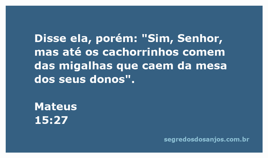 Mulher cananeia respondendo a Jesus sobre a fé e humildade, com uma referência ao versículo Mateus 15:27.