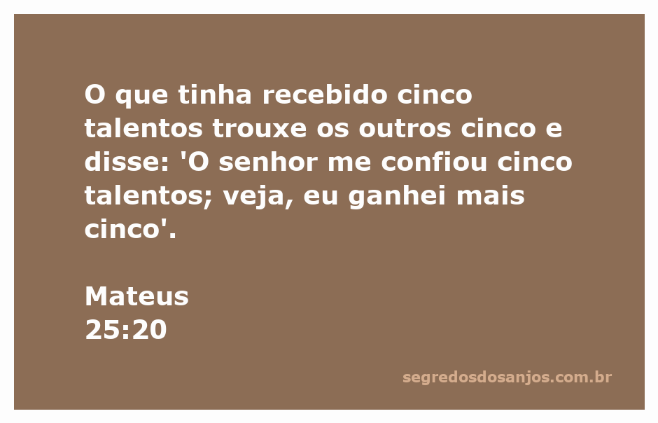 Representação do versículo Mateus 25:20, onde um homem apresenta os talentos que ganhou ao seu senhor.