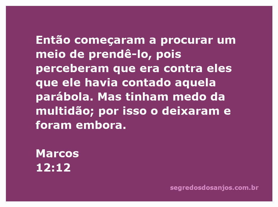 Ilustração da passagem de Marcos 12:12, onde os líderes religiosos planejam prender Jesus após uma parábola.