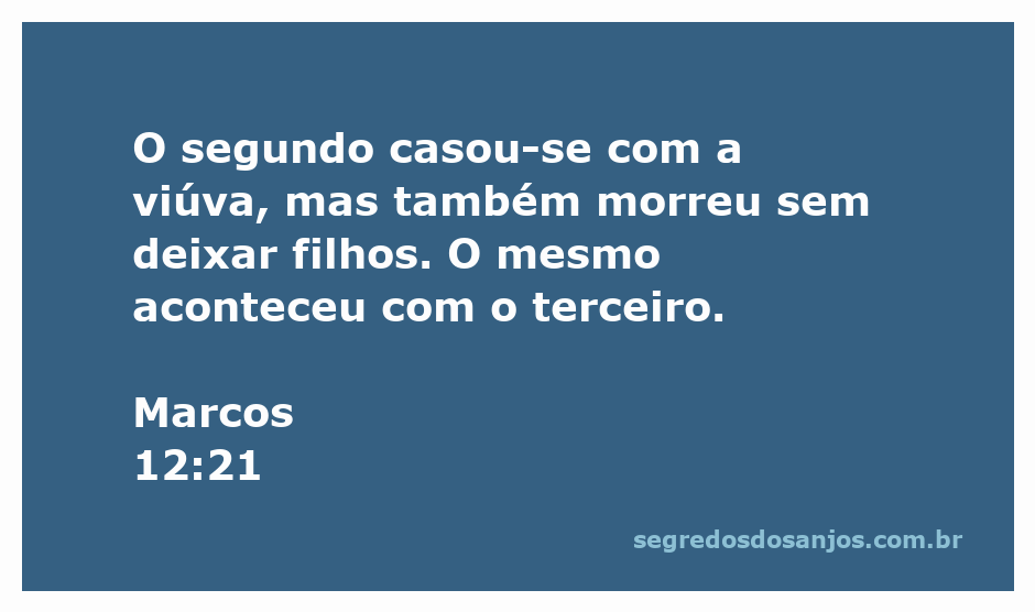 Ilustração da passagem bíblica Marcos 12:21, mostrando a história de um segundo marido que casou-se com uma viúva e morreu sem deixar filhos.