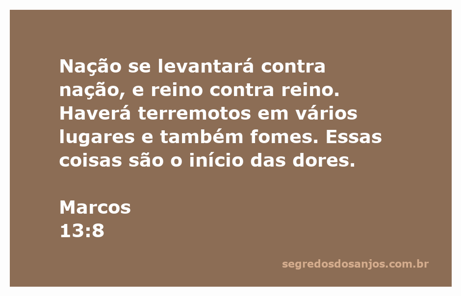 Imagem representando os conflitos e desastres mencionados em Marcos 13:8, com ilustrações de nações em guerra, terremotos e fomes.