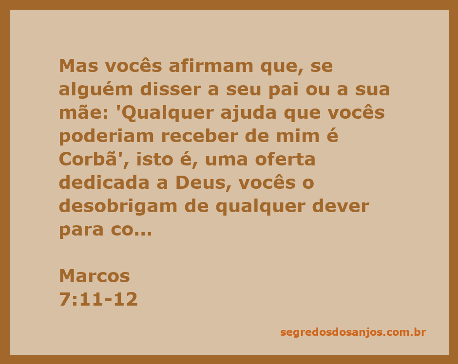 Ilustração do versículo Marcos 7:11-12 sobre a importância do respeito aos pais e o conceito de Corbã.