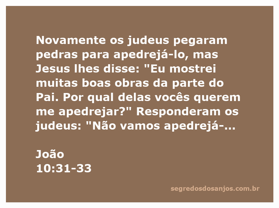 Jesus confronta os judeus sobre suas boas obras e a acusação de blasfêmia em João 10:31-33.