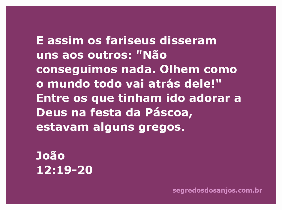 Fariseus discutindo sobre a popularidade de Jesus durante a Páscoa, com gregos presentes entre os adoradores.