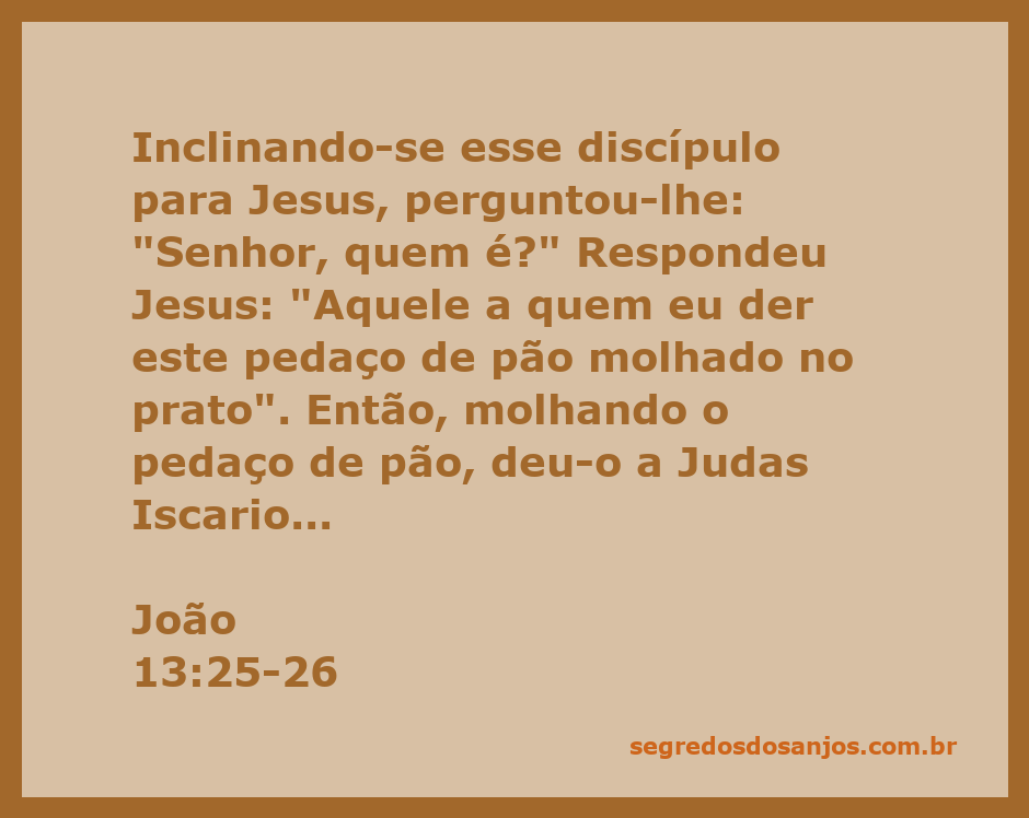 Discípulo inclinando-se para Jesus durante a Última Ceia, questionando sobre o traidor, enquanto Jesus entrega um pedaço de pão a Judas Iscariotes.