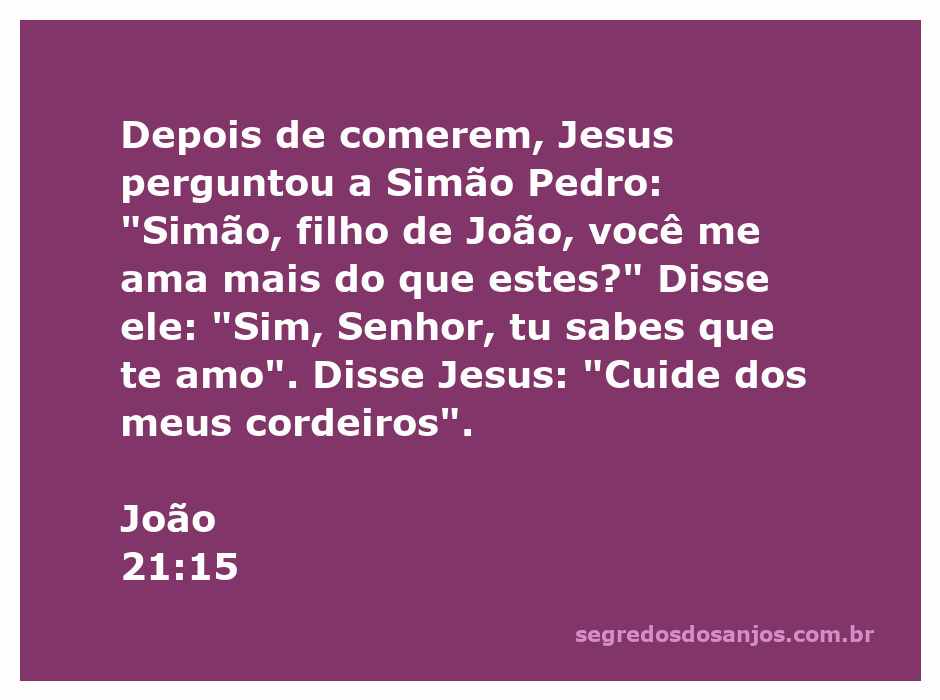 Jesus questiona Simão Pedro sobre seu amor e o instrui a cuidar de seus seguidores após a refeição.