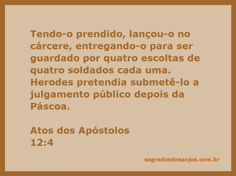 Representação de Pedro sendo preso em Atos 12:4, com soldados guardando sua cela.