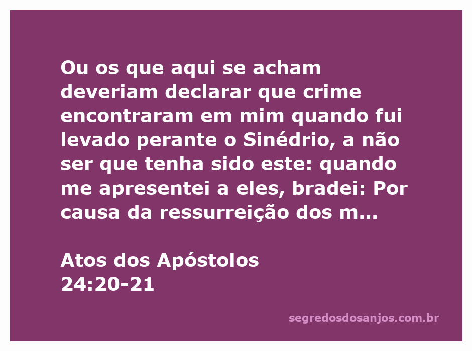 A representação de Paulo defendendo sua fé sobre a ressurreição dos mortos diante do Sinédrio, conforme Atos 24:20-21.