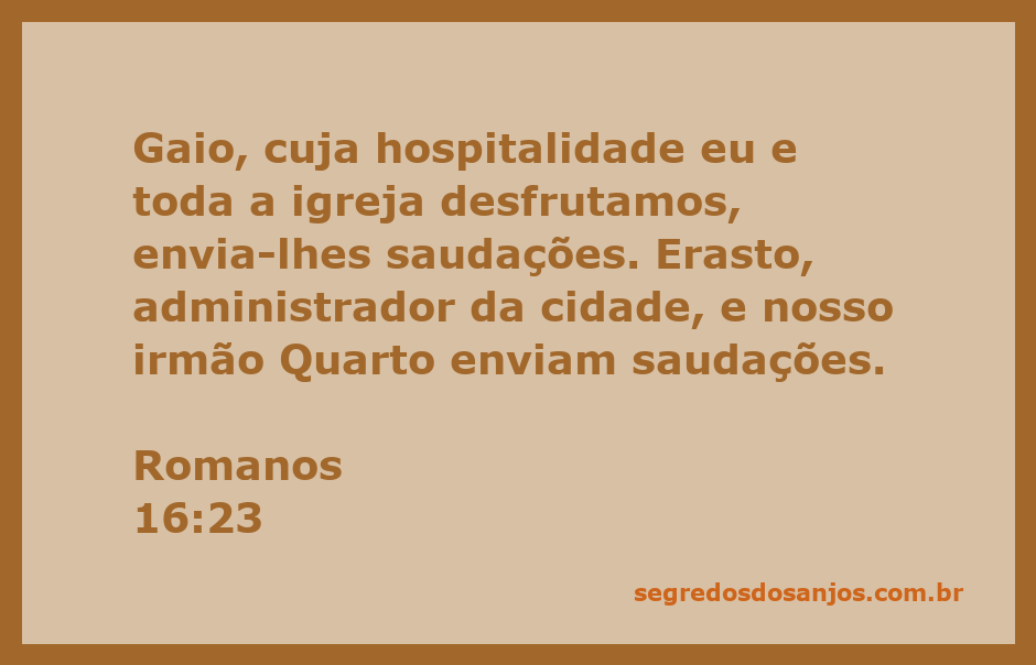 Ilustração de Gaio recebendo a igreja em sua casa, mencionando saudações de Erasto e Quarto.