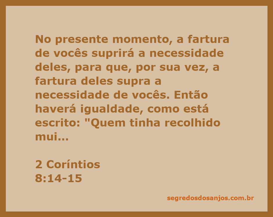 Ilustração do versículo 2 Coríntios 8:14-15 sobre a generosidade e igualdade entre os fiéis.