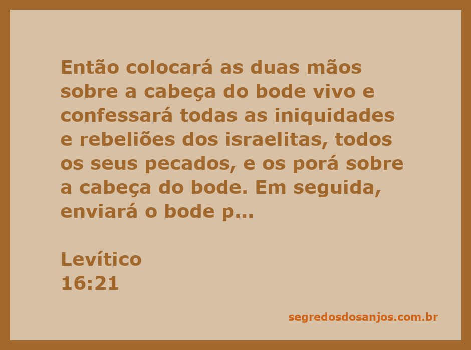 Um sacerdote israelita colocando as mãos sobre a cabeça de um bode vivo, simbolizando a transferência dos pecados do povo.