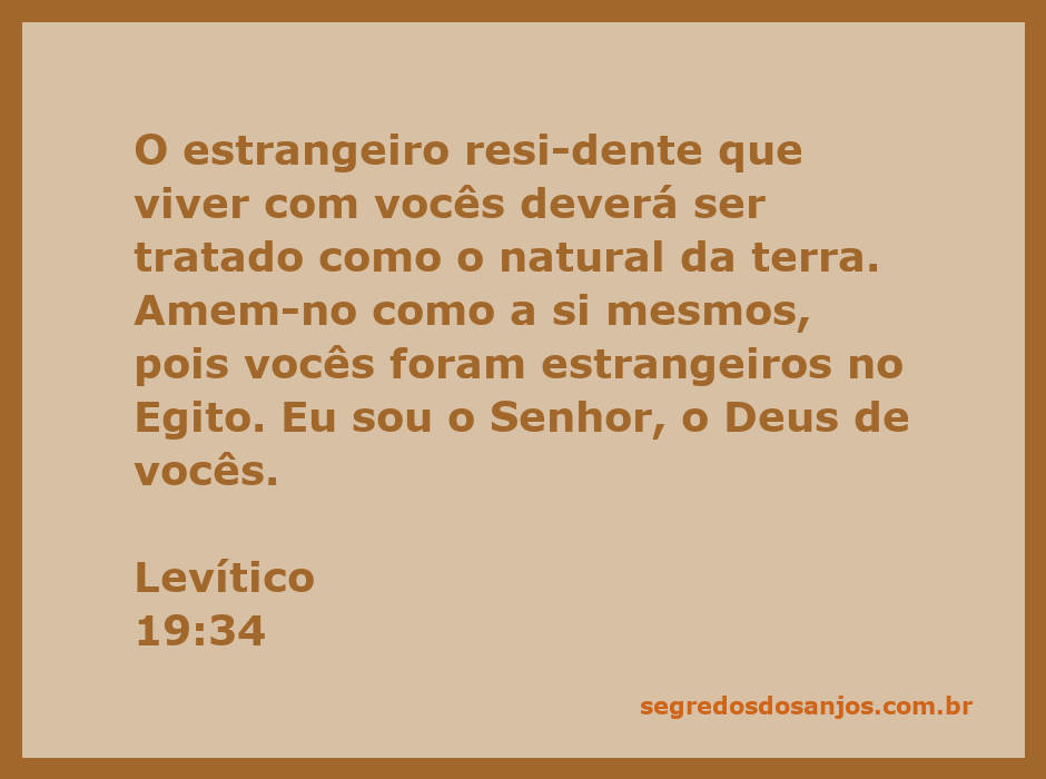 Ilustração de Levítico 19:34, destacando a importância de tratar bem o estrangeiro e amar ao próximo.