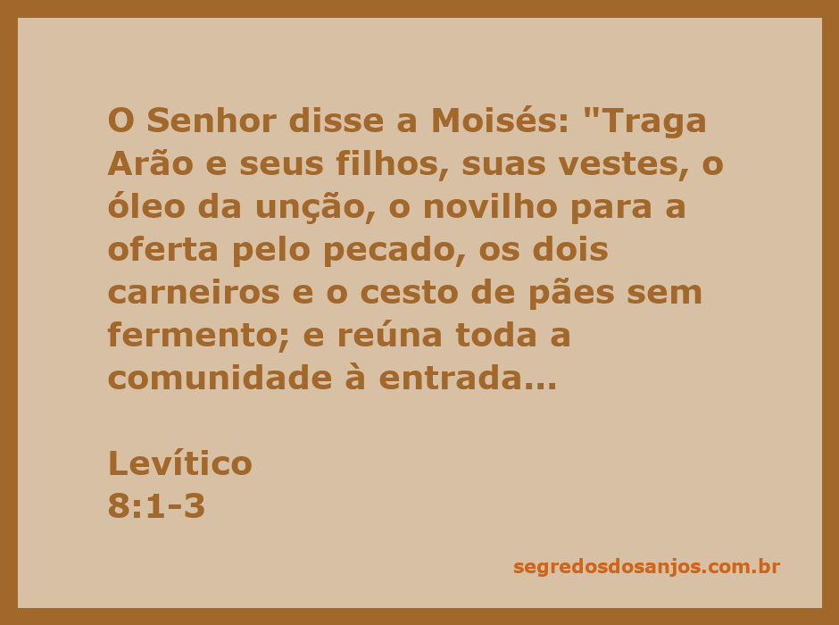 Moisés reunindo Arão, seus filhos e a comunidade para a cerimônia de unção conforme Levítico 8:1-3.