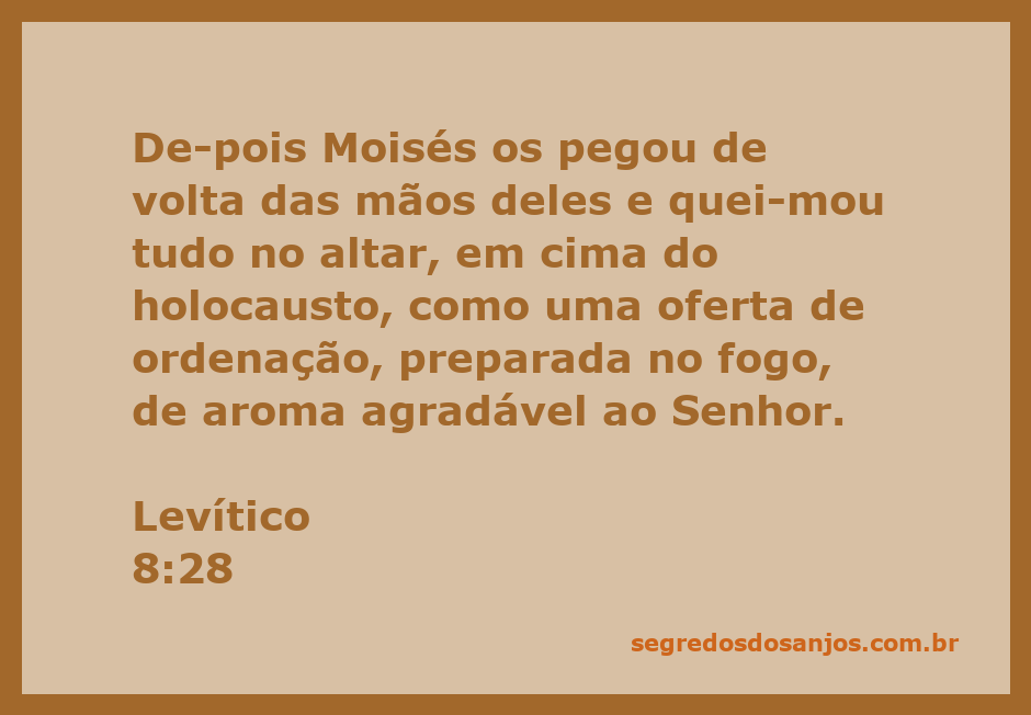 Moisés queimando ofertas no altar como parte da ordenação sacerdotal, representando um aroma agradável ao Senhor.