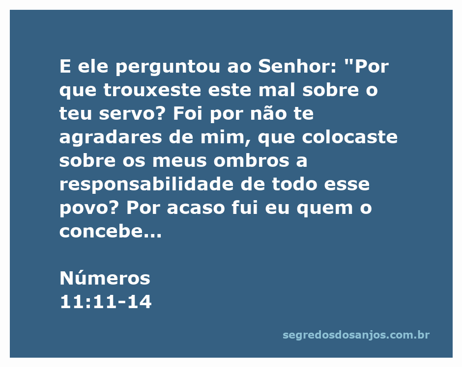 Moisés questiona Deus sobre a responsabilidade de liderar o povo de Israel, expressando sua angústia e necessidade de ajuda.