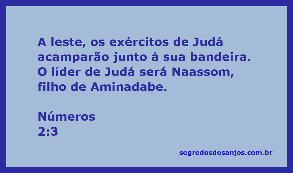 Exército de Judá acampando sob a bandeira na leste, liderado por Naassom, filho de Aminadabe.