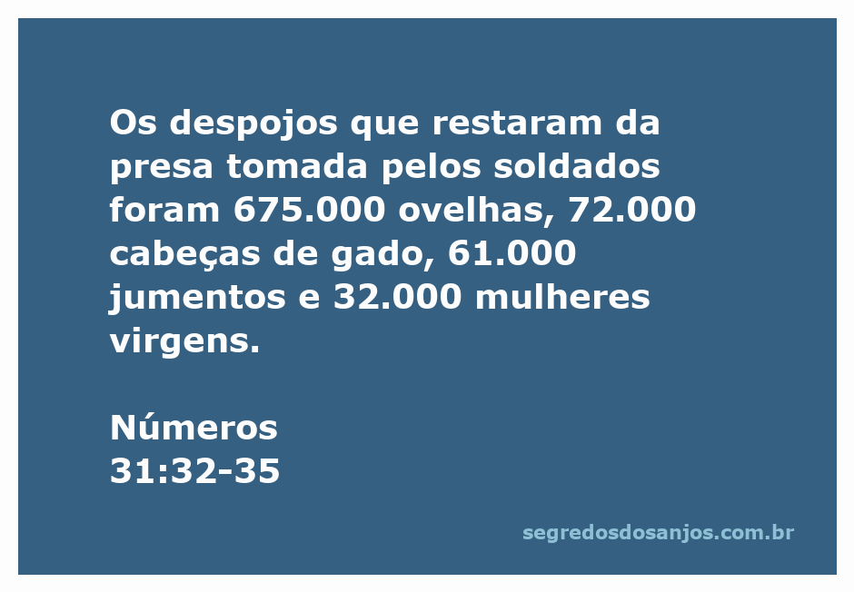 Ilustração dos despojos da vitória de Israel com destaque para 675.000 ovelhas, 72.000 cabeças de gado, 61.000 jumentos e 32.000 mulheres virgens.