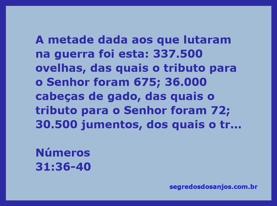 Ilustração da distribuição das riquezas após a batalha em Números 31:36-40, mostrando o número de ovelhas, gado, jumentos e pessoas com seus respectivos tributos.