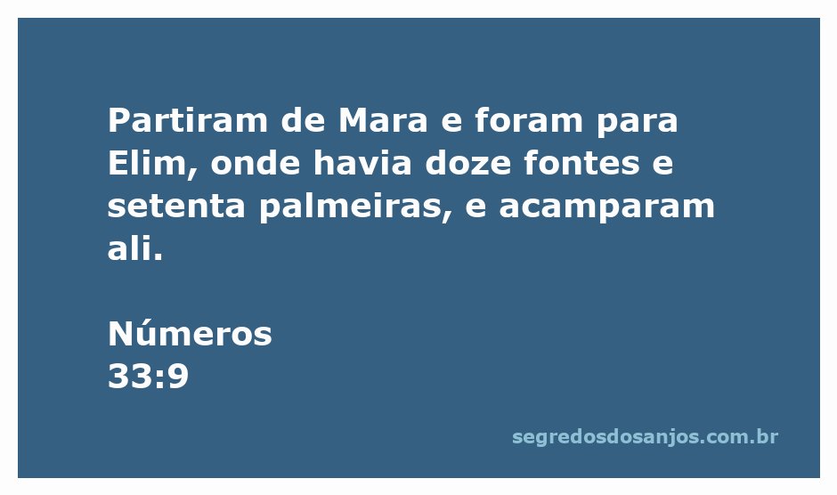 Ilustração da passagem bíblica Números 33:9 mostrando a jornada do povo de Israel de Mara a Elim, com doze fontes e setenta palmeiras.