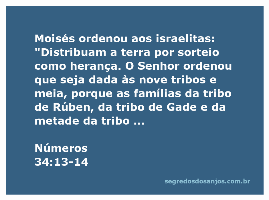 Moisés instruindo os israelitas sobre a distribuição da terra prometida, conforme Números 34:13-14.