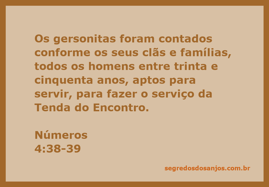 Homens gersonitas prontos para servir na Tenda do Encontro, conforme Números 4:38-39.
